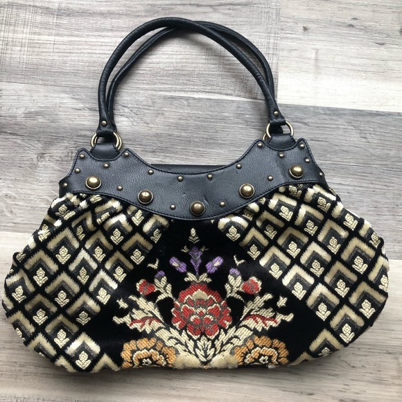 Maxximum Purse Tapestry Print Velvet Faux Fur Gold Studded - Picture 1 of 11